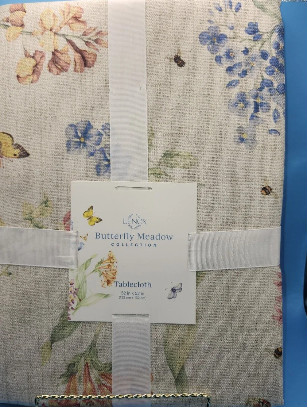 Lenox Butterfly Meadow Tablecloth in Cream with Blue and Yellow Accents 52x52